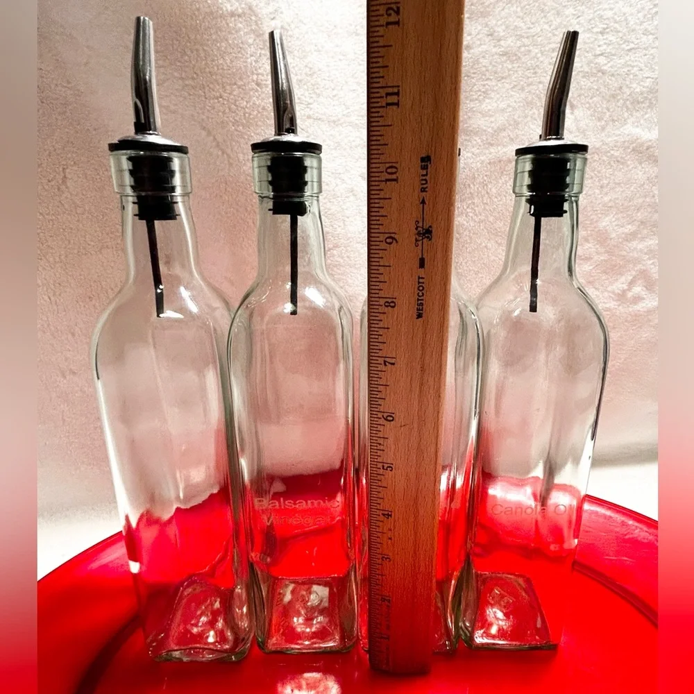 (4) New Glass Canola Vegetable Oil Vinegar Bottles Dispensers